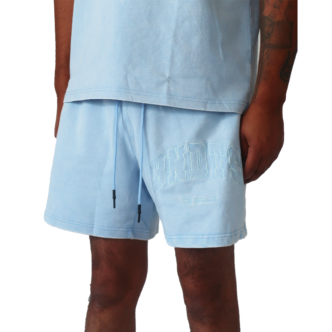 A person wears true to size POTENTIAL SWEATSHORTS BLUE—light blue heavy GSM cotton shorts with a BNDT$ embroidered design on the left leg—paired with a matching t-shirt. Only the lower torso, arms, and upper legs are visible.