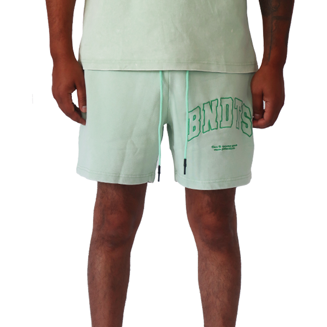 A person wears POTENTIAL SWEATSHORTS GREEN—light green, true to size heavy GSM cotton shorts with BNDS embroidery on the left leg—standing relaxed, arms at their sides; only part of their top is visible.