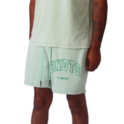 A person wearing POTENTIAL SWEATSHORTS GREEN—light green, heavy GSM cotton shorts with large green BNDT$ print—paired with a matching light green top. Only the lower torso and upper legs are shown.