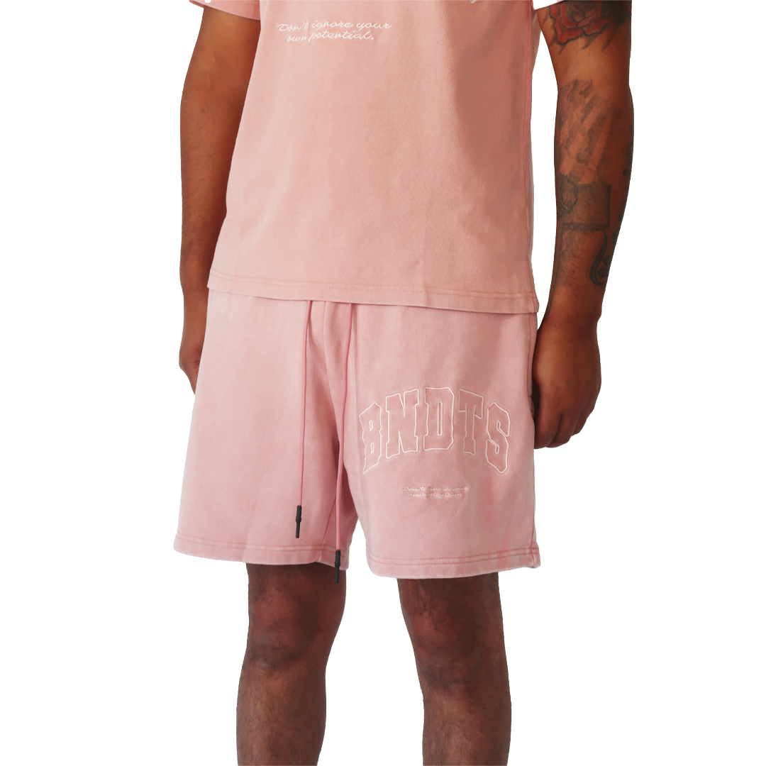 Wearing POTENTIAL SWEATSHORTS MAUVE in heavy GSM cotton with BNDT$ and embroidered design on the left leg, a person stands against a plain white background. Only their lower torso and legs are shown.
