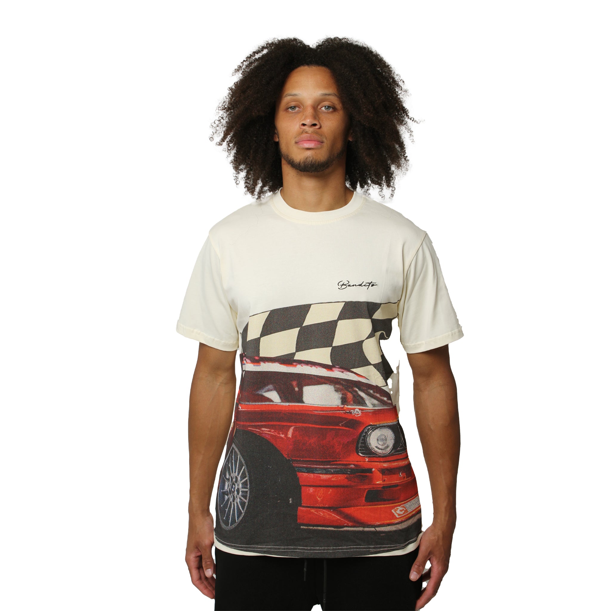 S TEE CREME, a white graphic tee with a red sports car and black-and-white checkered design across the chest, posed against a plain white background.