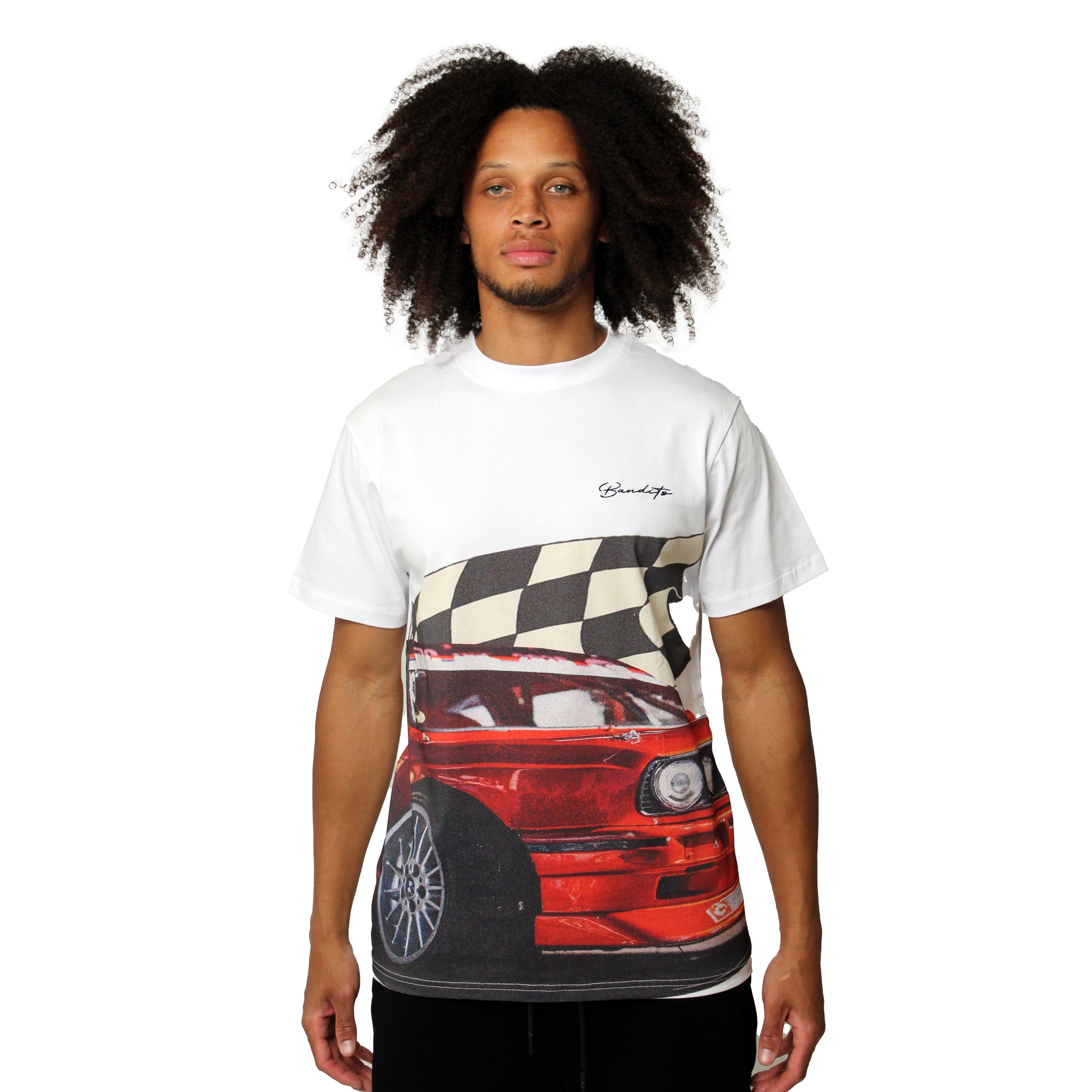 S TEE WHITE, which features a red sports car graphic and a black-and-white checkered pattern, against a plain white background.