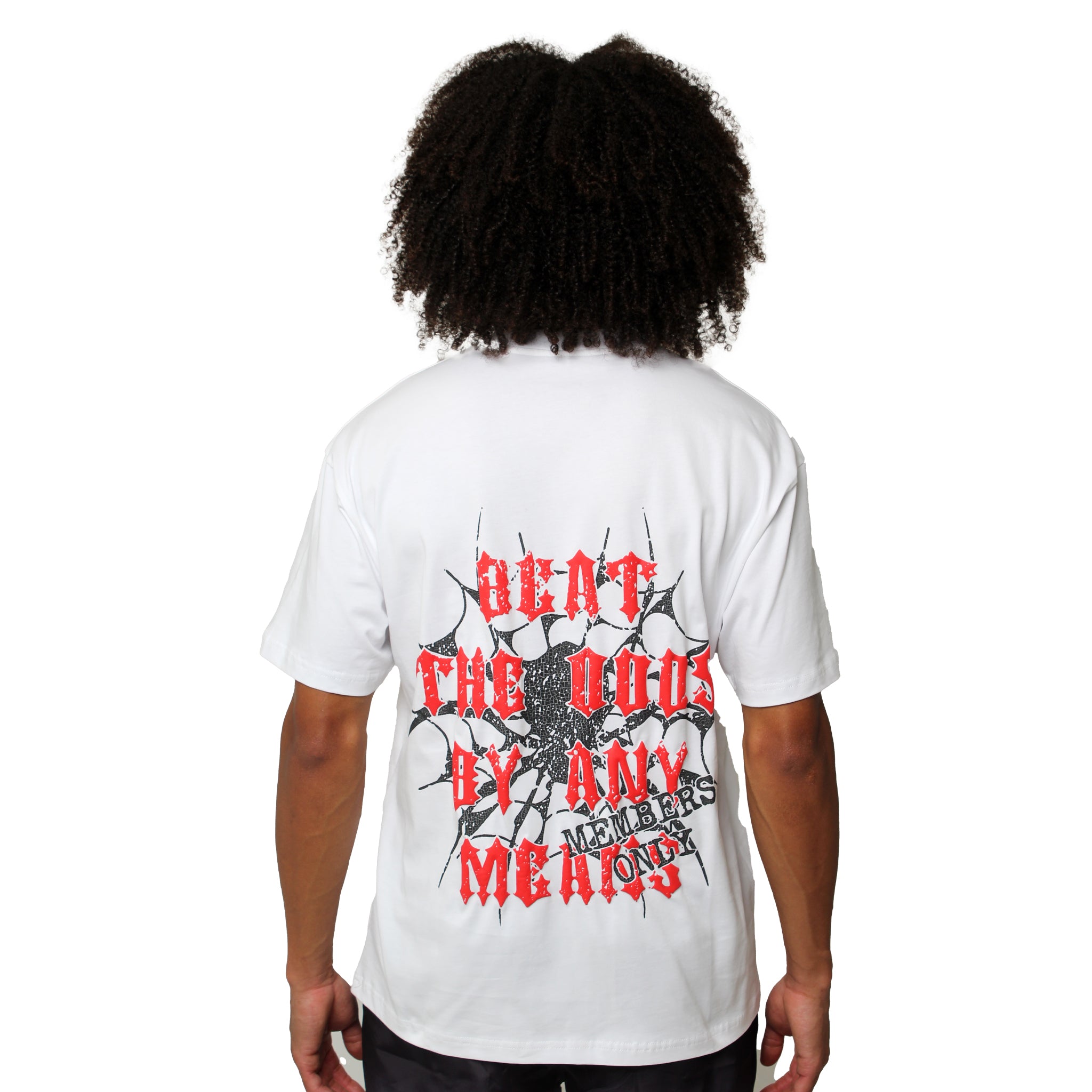 S TEE WHITE featuring bold red and black “BEAT THE ODDS BY ANY MEANS” text over a barbed wire celestial graphic—ideal streetwear for those with cosmic flair.