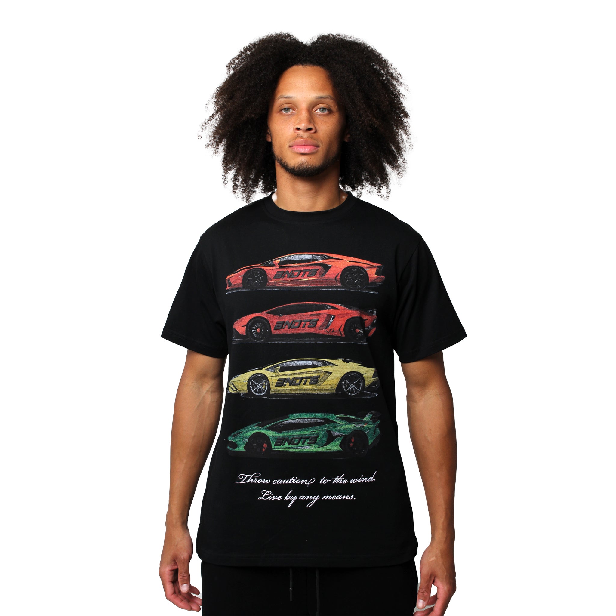 S TEE BLACK, an oversized heavy GSM cotton tee with puff-printed orange, yellow, and green sports cars stacked vertically and white cursive text below. White background.