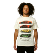 A man with curly hair wears the CAUTION TO THE WIND S/S TEE CREME, a bold cream graphic t-shirt featuring three vertically stacked supercars in orange, yellow, and green, with the text: Three winners to the podium. Win by any means.