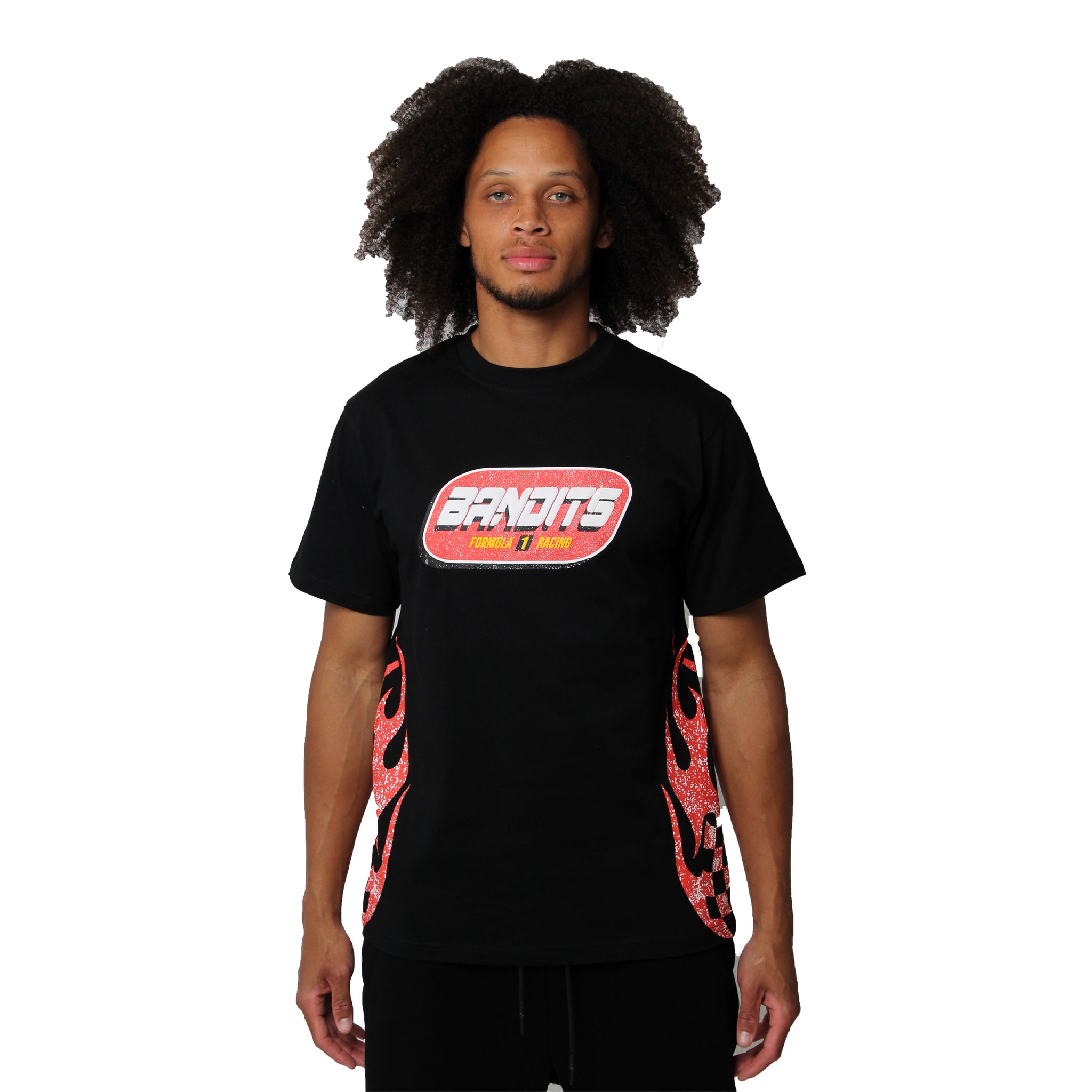 S TEE BLACK, a racing graphic tee with bold BANDITS text in an oval, red flames, and side checkered patterns, standing against a plain white background.