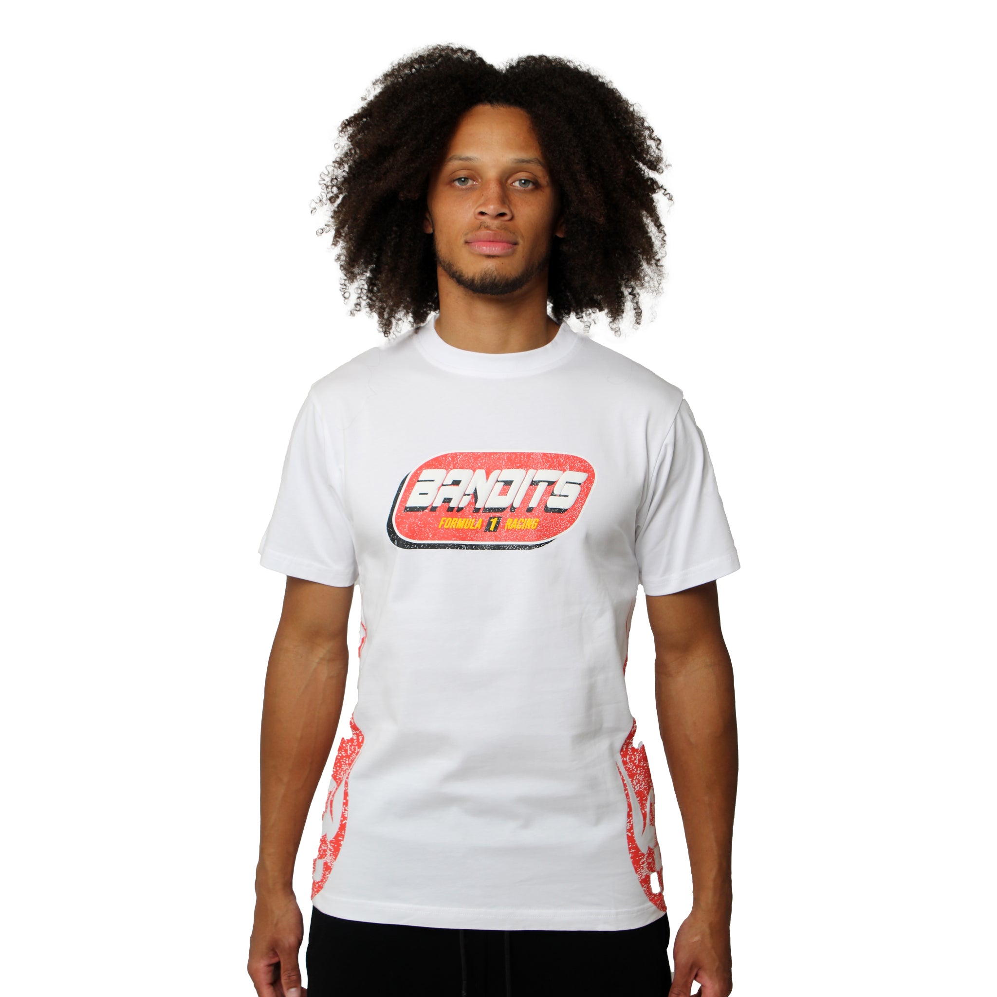 S TEE WHITE, a vintage streetwear shirt with red and yellow BANDITS graphics on the front and red patterned side accents over a white background.