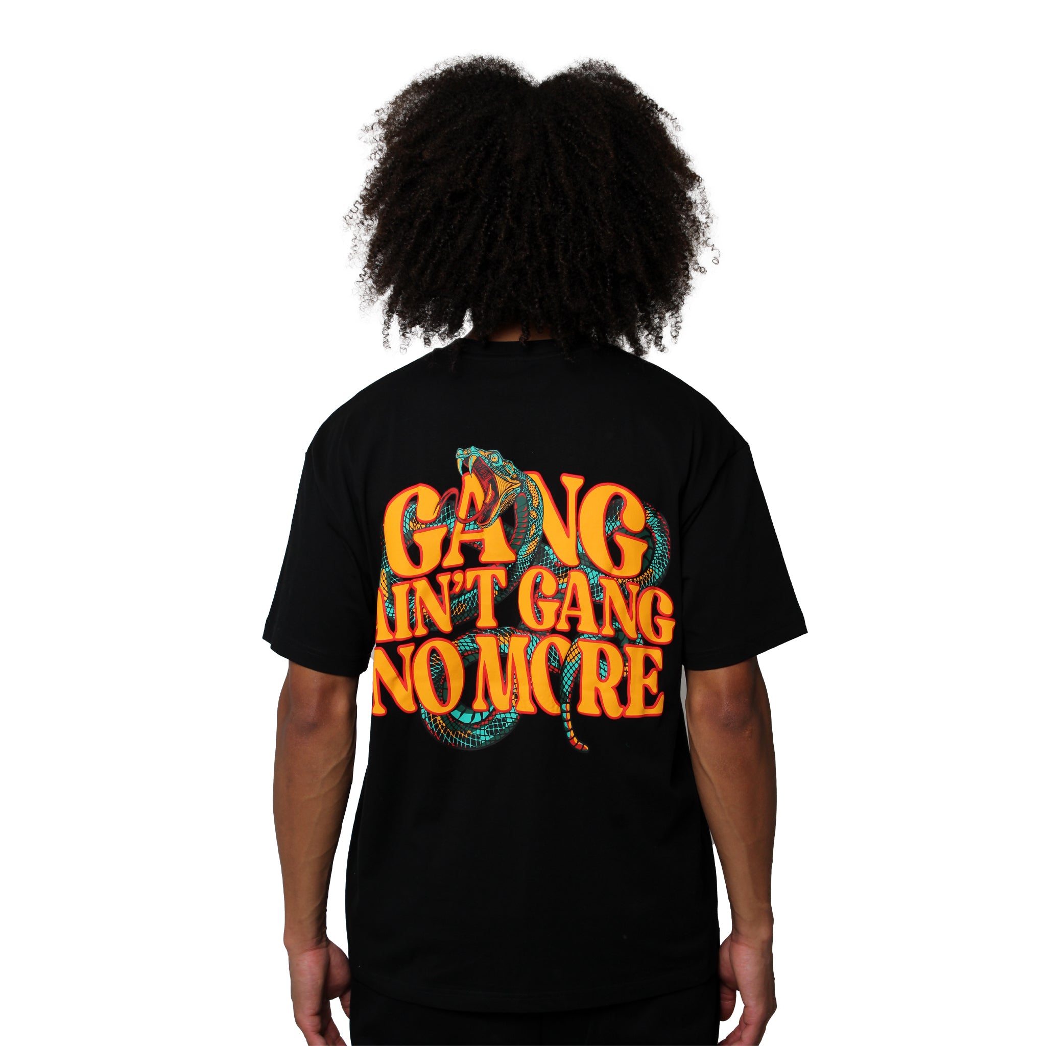 S TEE BLACK, an oversized heavy cotton T-shirt featuring bold orange and yellow back text “GANG AIN’T GANG NO MORE” with a snake graphic winding through the letters.