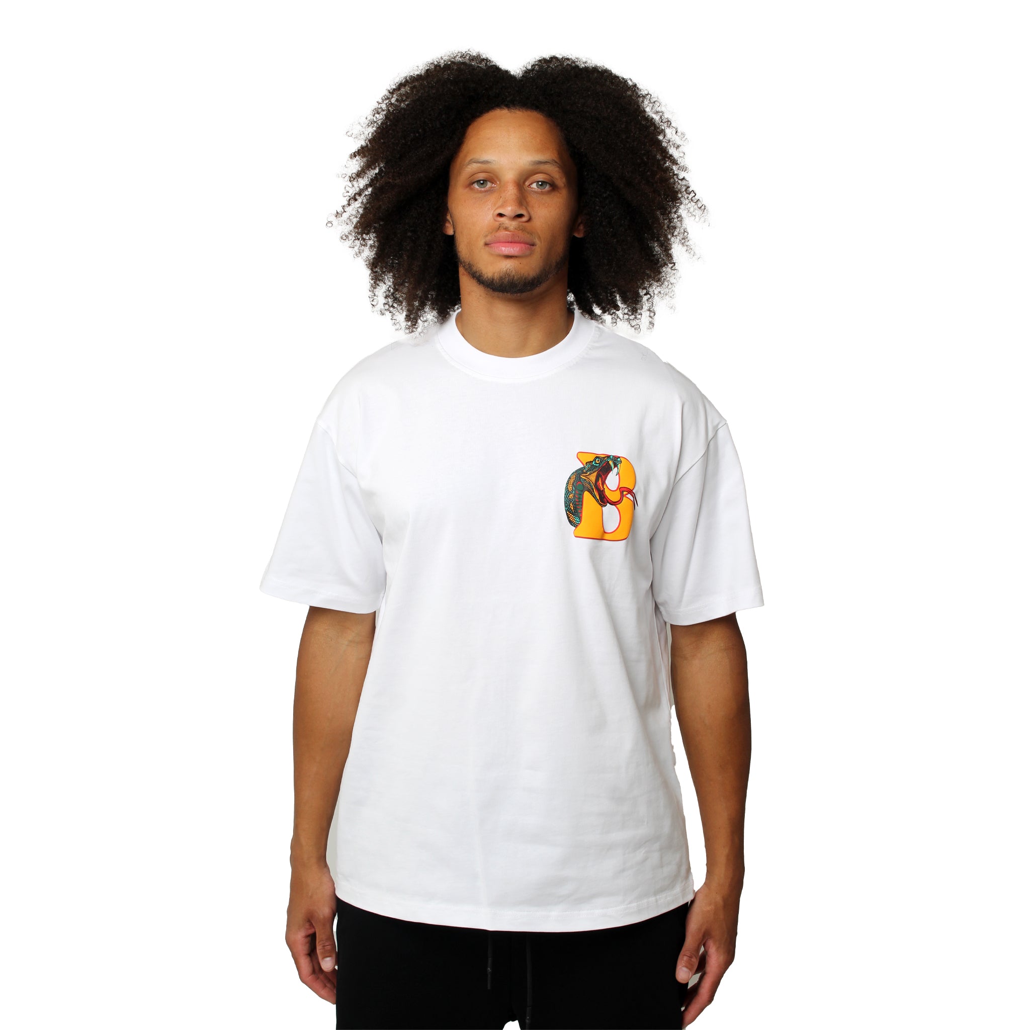 A person with curly hair wears the GANG AIN'T GANG NO MORE S/S TEE WHITE, an oversized heavy cotton tee with a small, colorful puff-printed horse graphic on the left chest, standing against a plain white background.