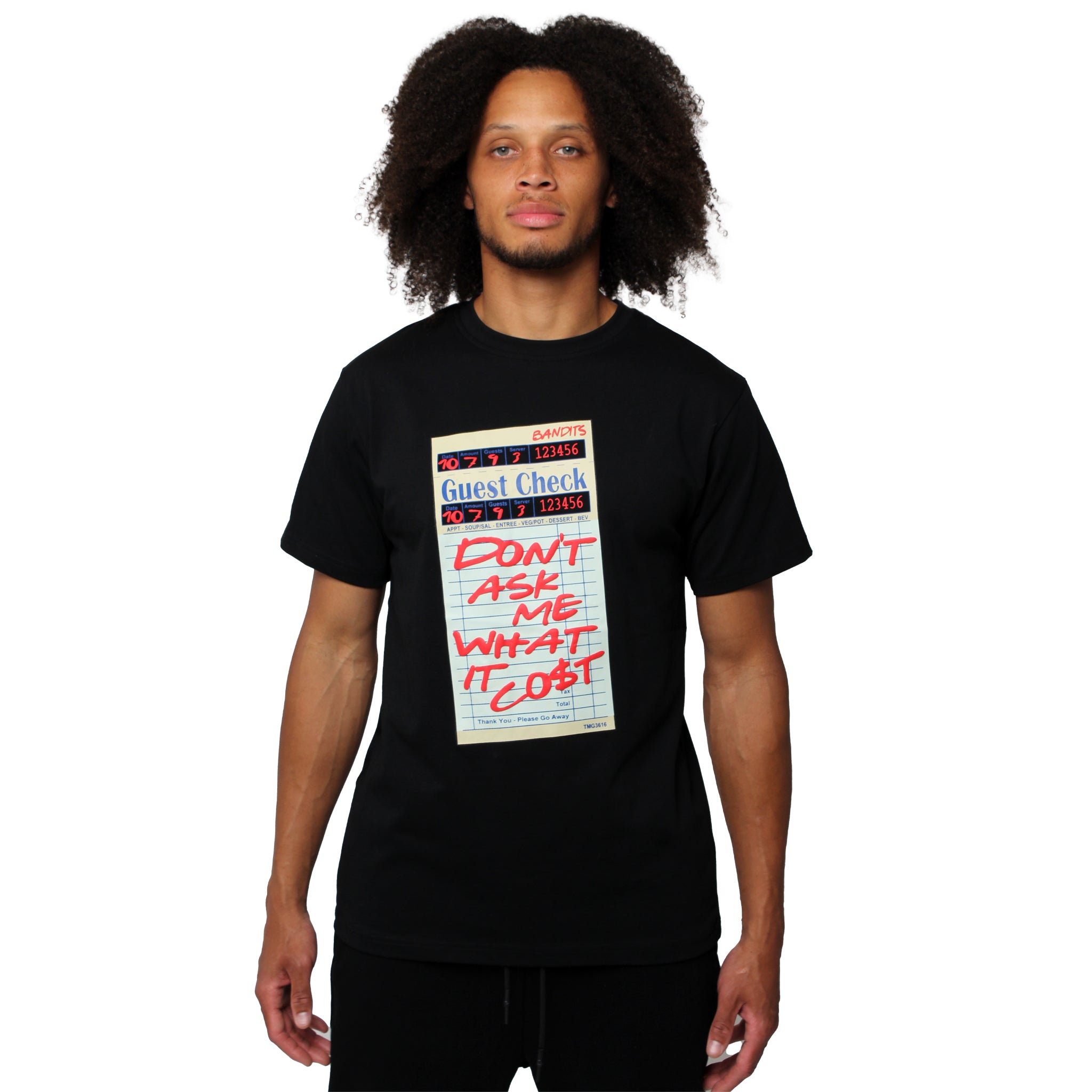 A person with curly hair wears the GUEST CHECK S/S TEE BLACK, a vintage-style black cotton shirt featuring a guest check receipt and bold red text, “DON’T ASK ME WHAT IT COST,” shown on a plain white background.