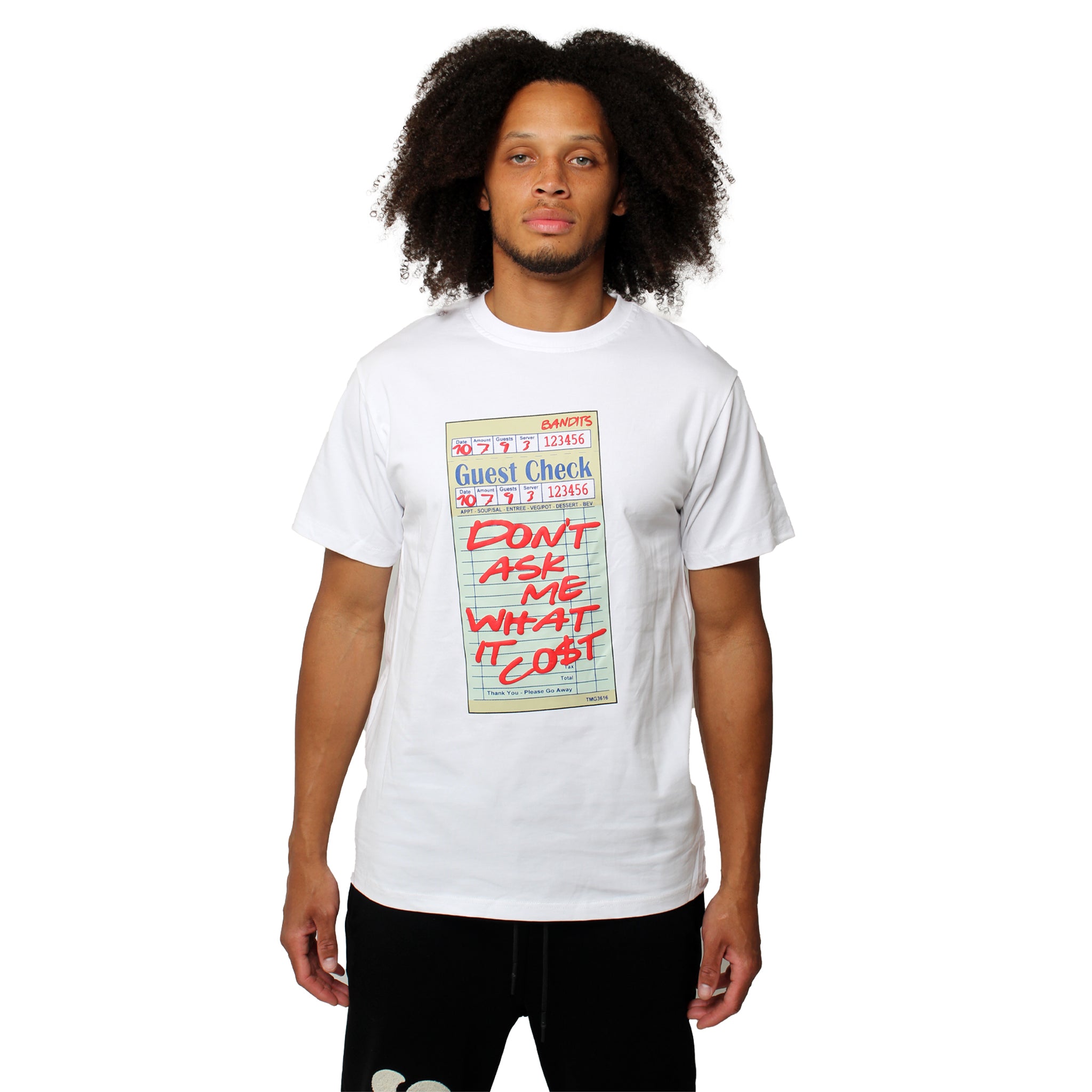 S TEE WHITE, a vintage-style graphic tee featuring a large guest check and bold red "DONT ASK ME WHAT IT COST" lettering, standing against a plain white background.
