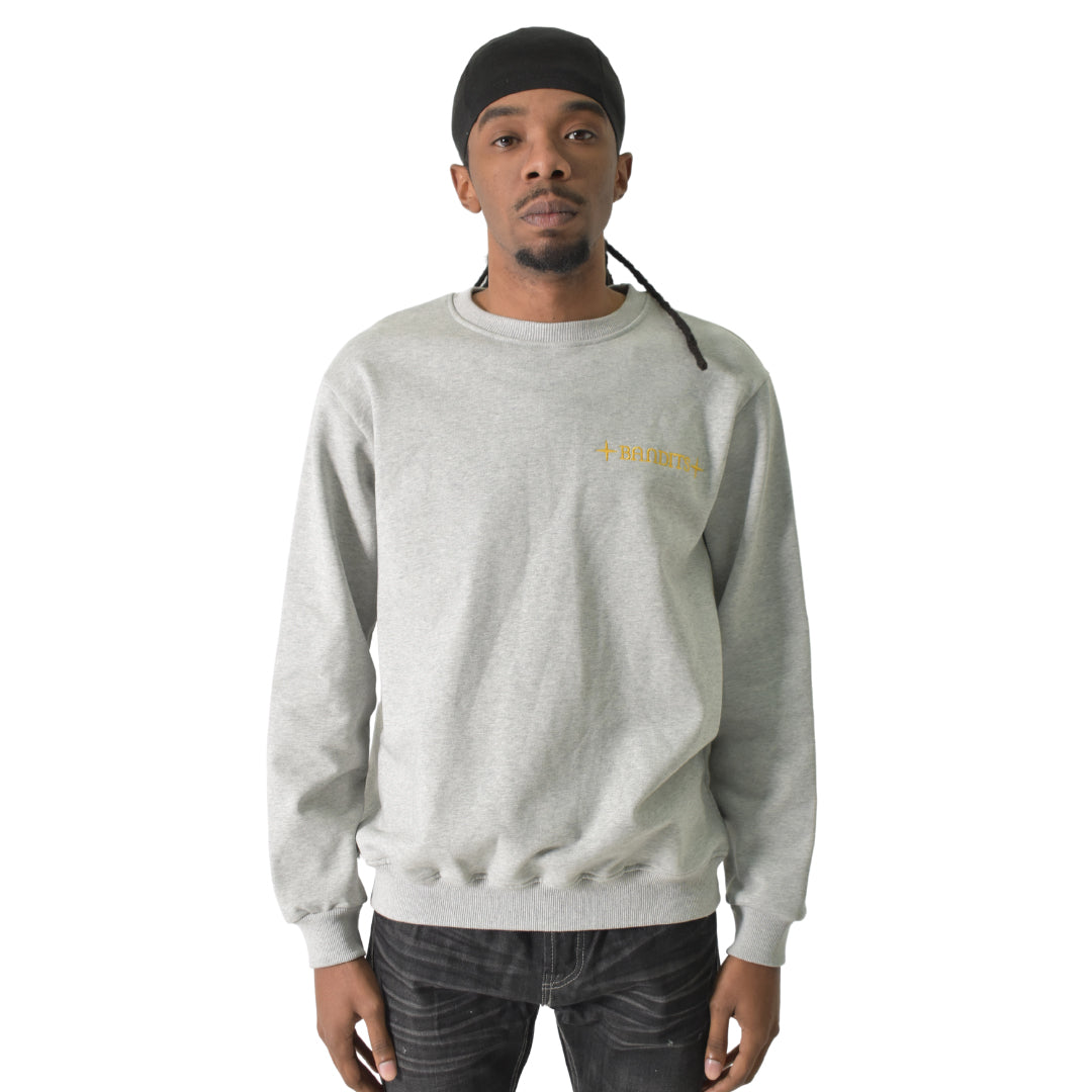 A man in a black headscarf, dark jeans, and the HAPPY DAYS CREWNECK SWEATSHIRT HEATHER GREY with yellow chest text stands facing forward against a plain white background.
