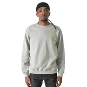 A man in a black headscarf, dark jeans, and the HAPPY DAYS CREWNECK SWEATSHIRT HEATHER GREY with yellow chest text stands facing forward against a plain white background.