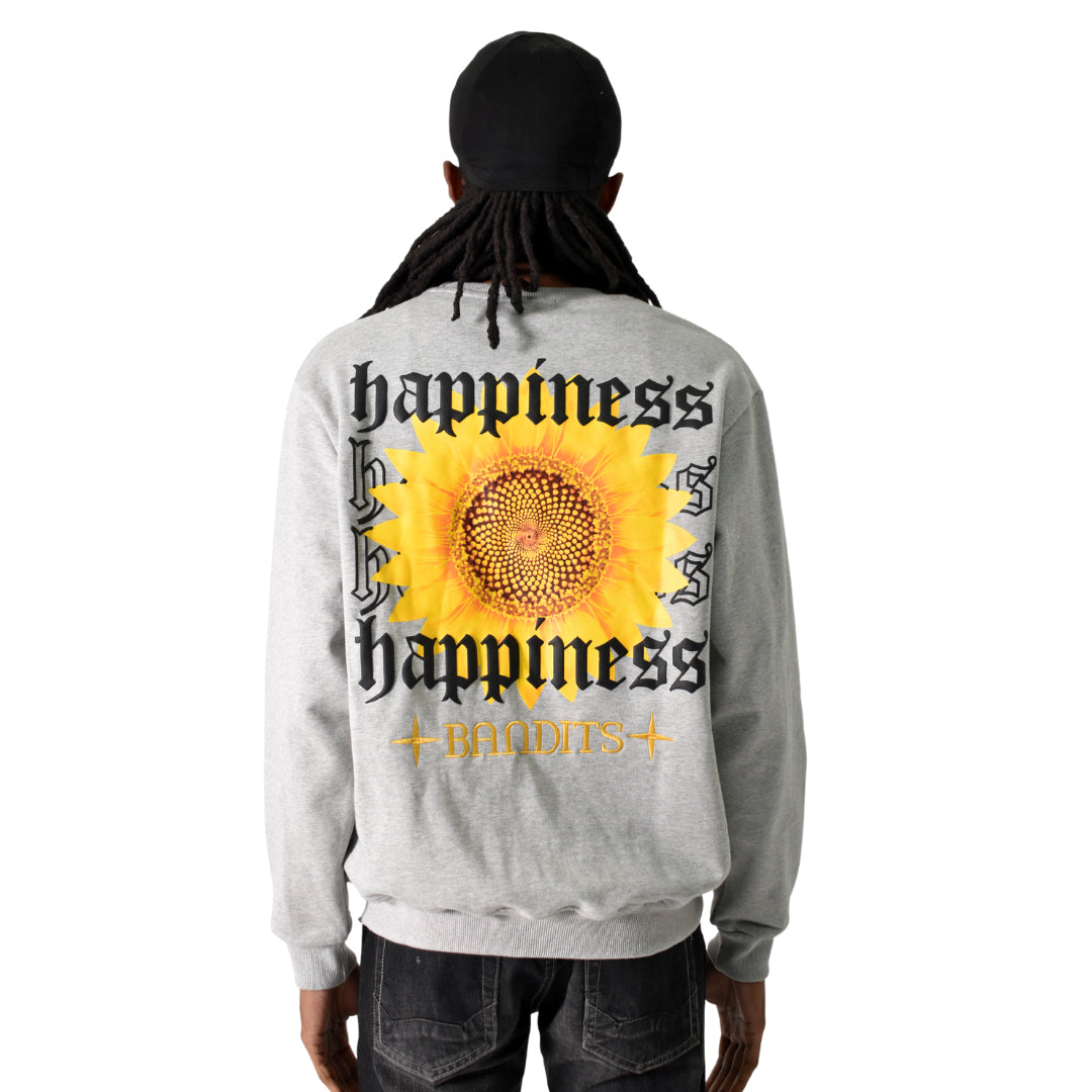 A person with long dreadlocks, in a black cap and the HAPPY DAYS CREWNECK SWEATSHIRT HEATHER GREY, stands facing away. The gray heavyweight fleece features bold "happiness" and "BANDITS" text on the back with a sunflower graphic.