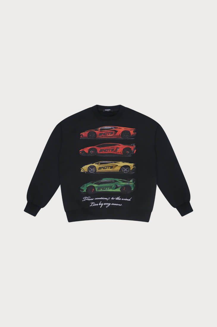The CAUTION TO THE WIND CREWNECK SWEATSHIRT BLACK features four vibrant supercars stacked horizontally and a white cursive quote: From curiosity to the will. Live by any means. Ideal embroidered streetwear for car enthusiasts.