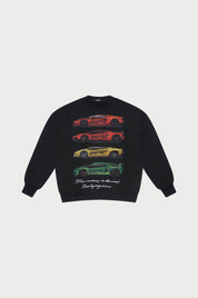 The CAUTION TO THE WIND CREWNECK SWEATSHIRT BLACK features four vibrant supercars stacked horizontally and a white cursive quote: From curiosity to the will. Live by any means. Ideal embroidered streetwear for car enthusiasts.