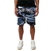 A person wearing black IRIDESCENT MESH SHORTS with "BANDITS" and stars, a black t-shirt, and white sneakers stands against a white background.