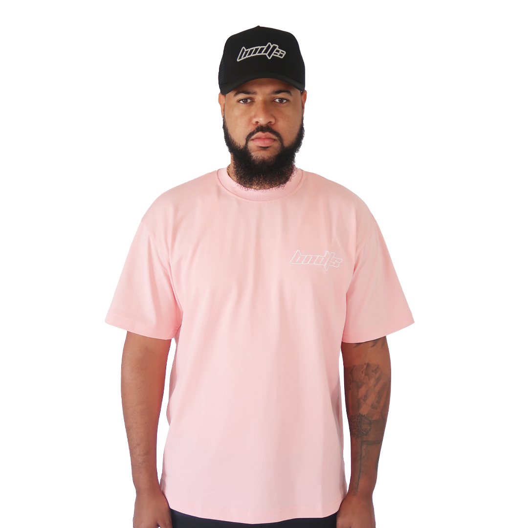 S TEE PINK from Bandits Apparel, both with white logos, standing facing forward against a plain white background.