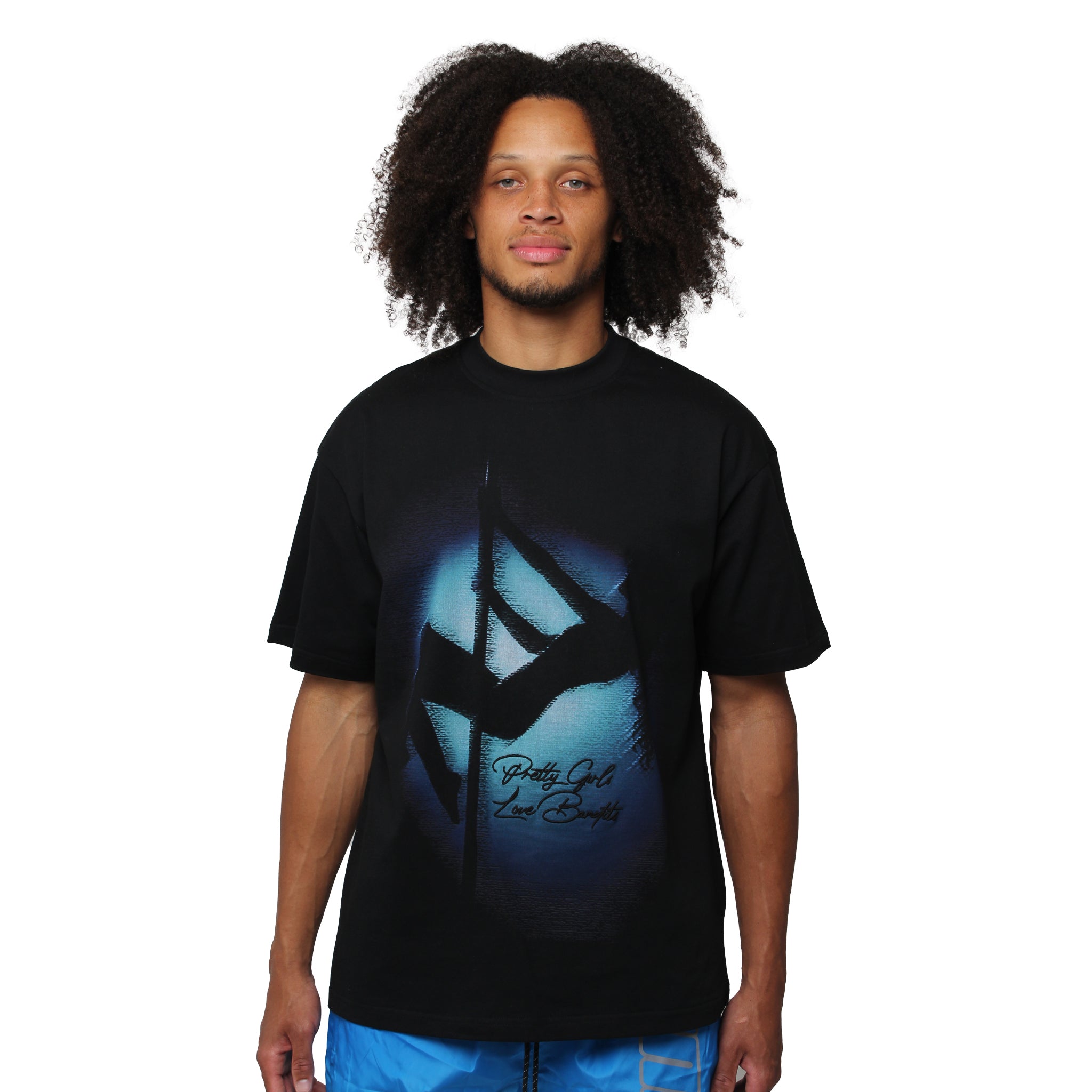 S TEE BLACK—a graphic black tee with blue and black abstract design and script text—paired with blue shorts.