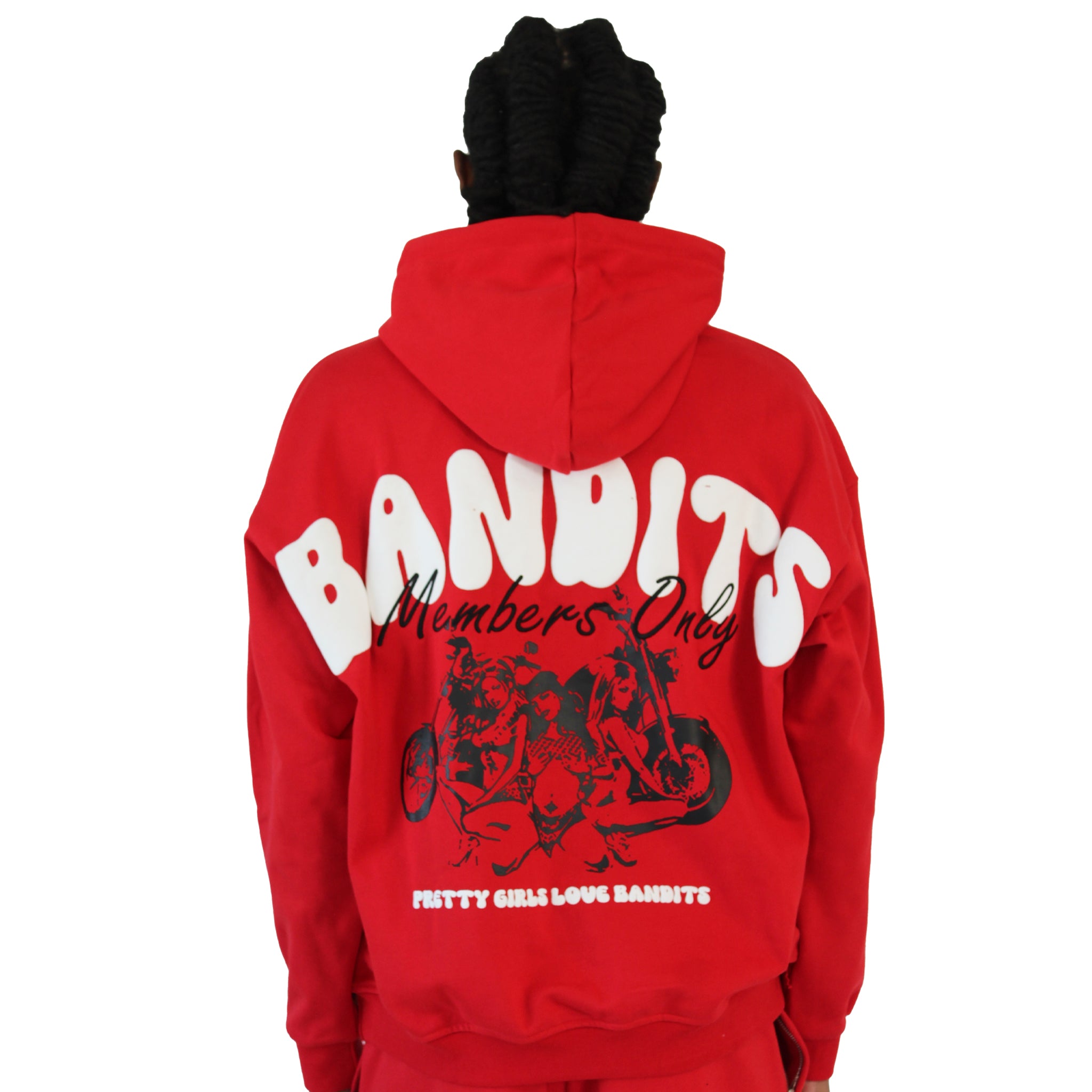 A person faces away wearing the BIKER CLUB PULLOVER HOODY RED—bold white BANDITS text, "Members Only" in black script, and a women-with-motorcycles graphic. Heavyweight fleece pullover; bottom reads: PRETTY GIRLS LOVE BANDITS.