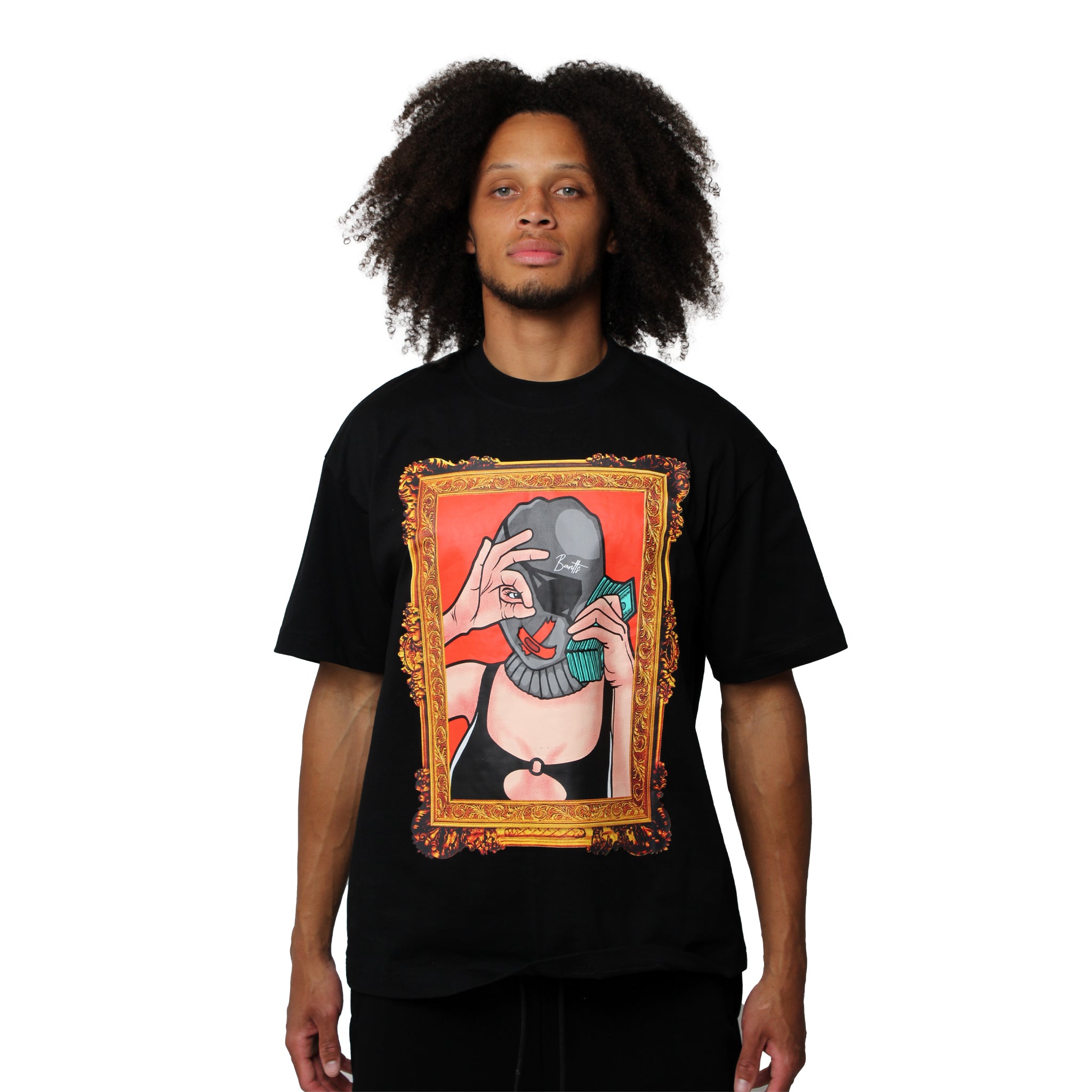 S TEE BLACK, featuring a striking graphic of a woman holding money and covering her face in an ornate gold frame on red, set against a plain white background.