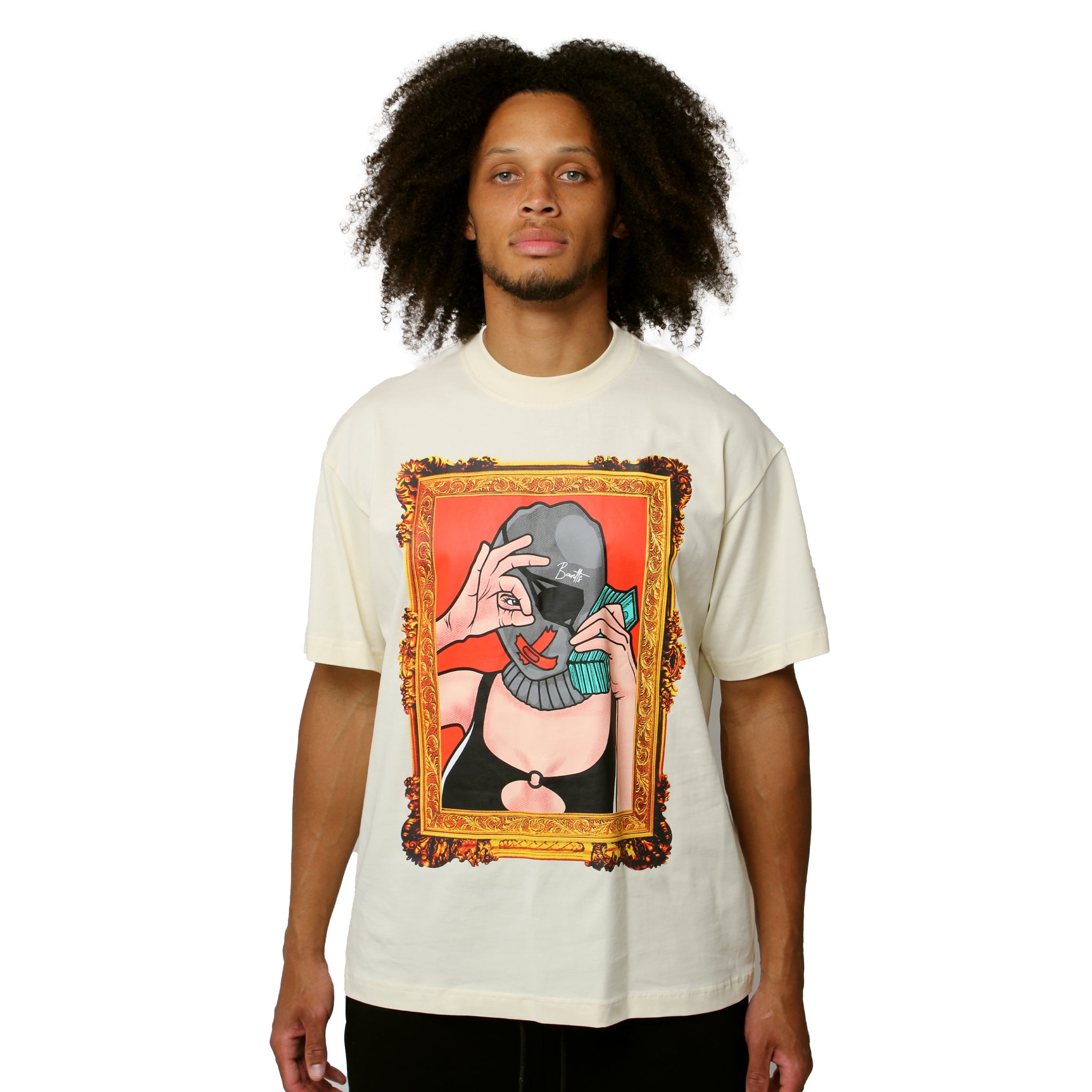 S TEE CREME, a white shirt with a vibrant framed print of a masked woman with red lips and blue hair rollers on an orange background.